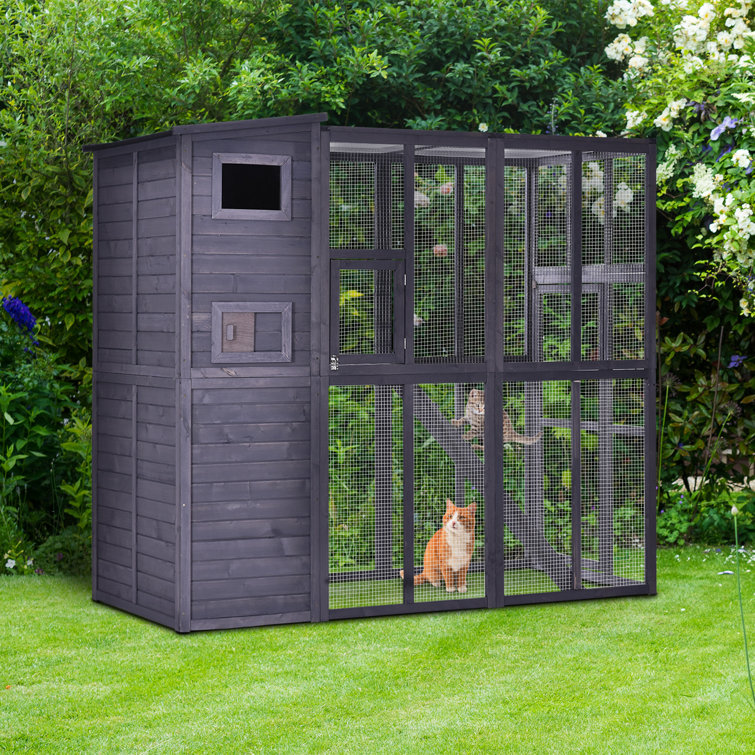 Pawhut Large Wooden Outdoor Cat House With Large Run For Play, Catio